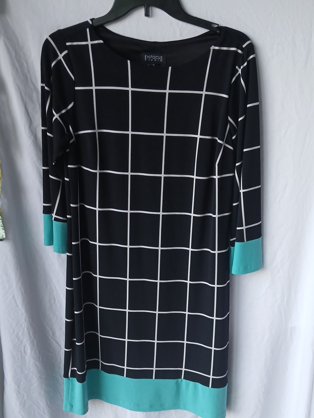 Enfocus Studio Black and White Windowpane Shift Dress with Teal Accents